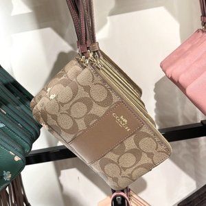 Coach Corner Zip Wristlet In Signature Canvas Gold/Khaki Saddle 2